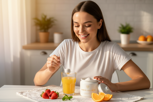 Woman stirring marine collagen powder into a drink at a bright kitchen table with fresh fruit