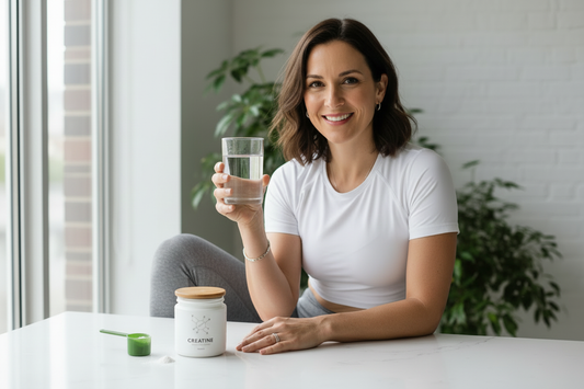 picture of healthy woman with a glass of creatine mixed in water