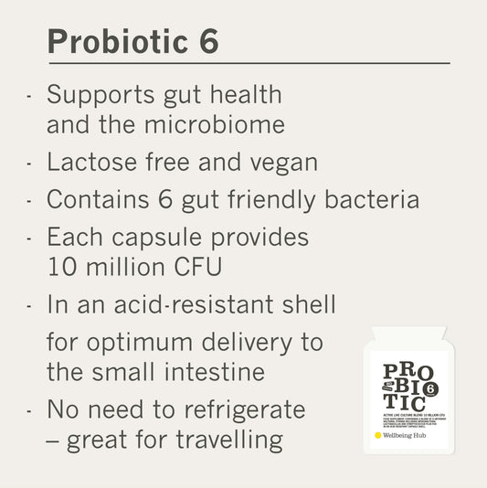 Probiotic 6.  Provides 10 Billion CFU of 6 bacterial strains x 60 capsules Wellbeing Hub Shop