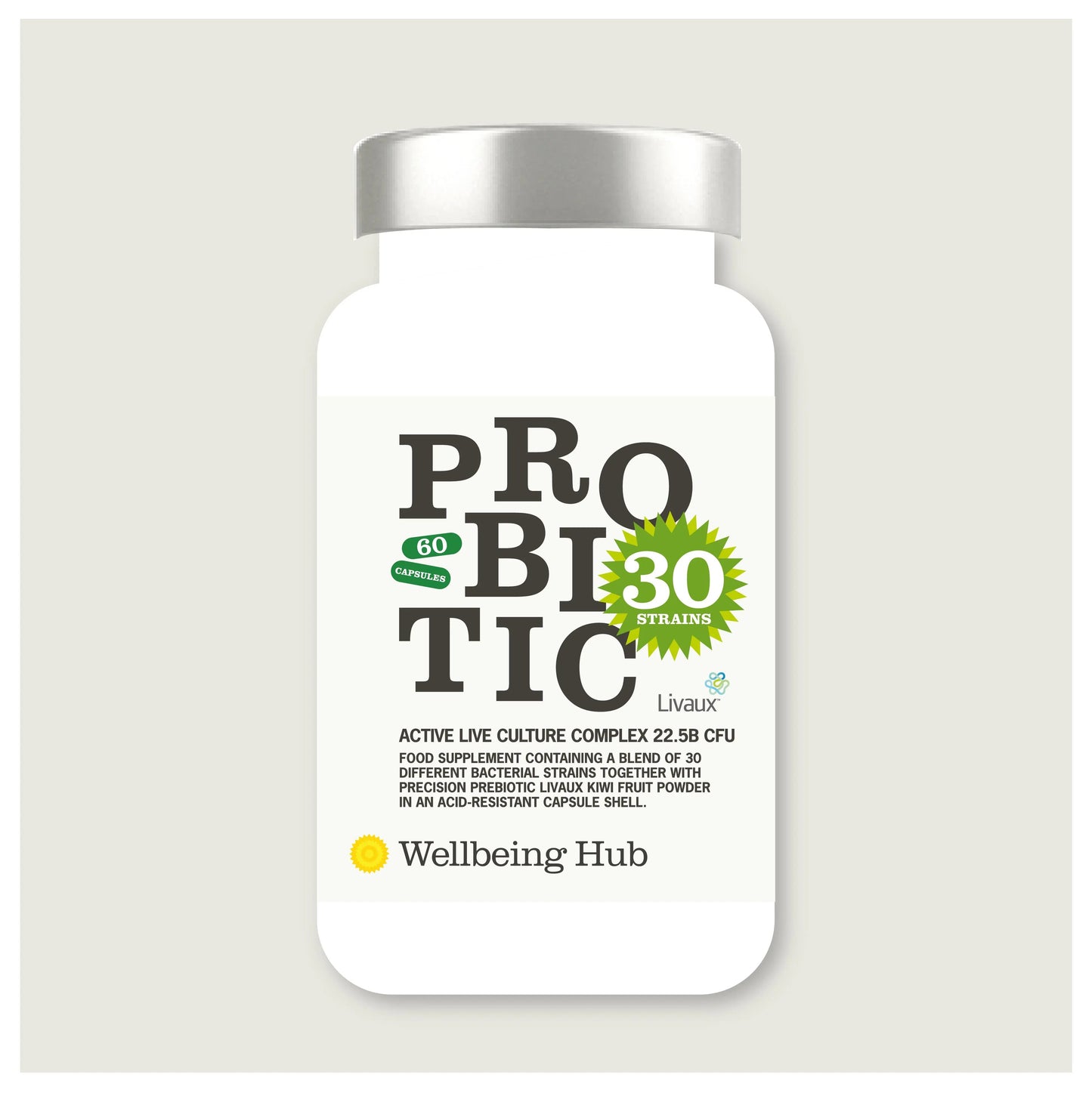 Wellbeing Hub Probiotic 30 with 22.5 billion CFU 30 bacterial strains and prebiotics - high strength gut microbiome support