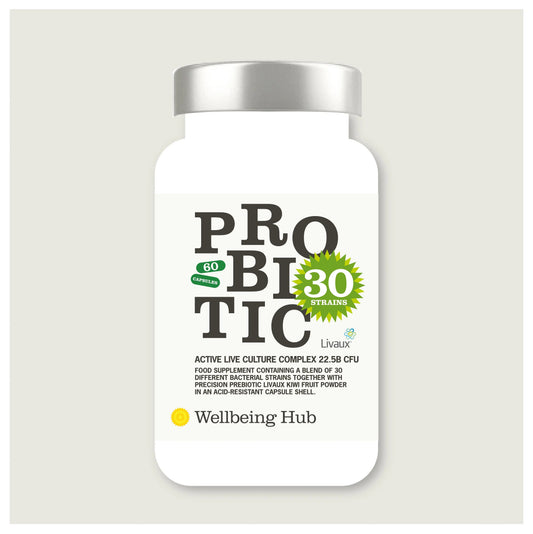 Wellbeing Hub Probiotic 30 with 22.5 billion CFU 30 bacterial strains and prebiotics - high strength gut microbiome support