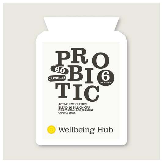 Wellbeing Hub Probiotic 6 with 10 billion CFU 6 bacterial strains and prebiotics - daily gut health supplement